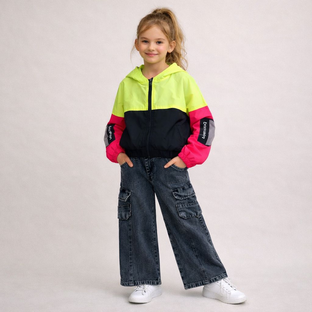 Casaco Corta Vento Infantil Menina Microfibra Tricolor Neon