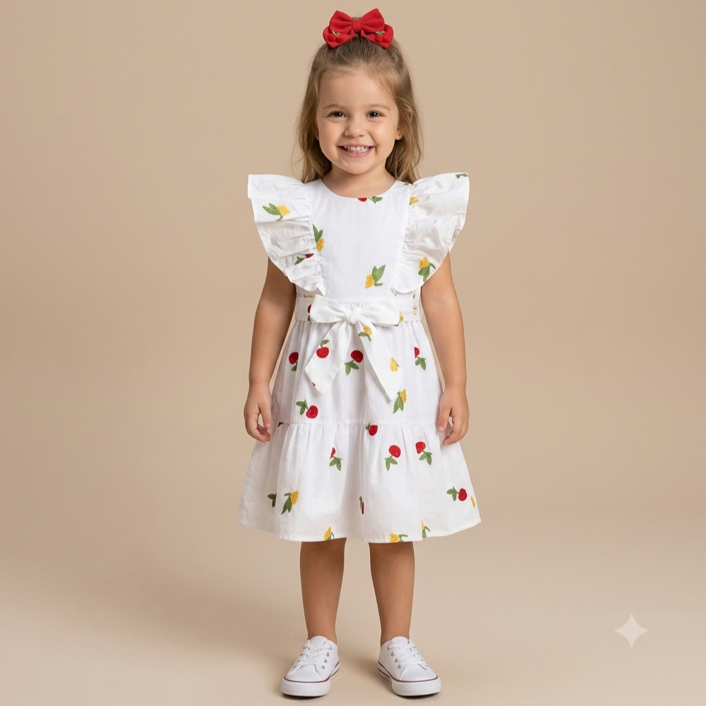 Vestido manga curta menina Cereja e Flor 3 Marias Branco Momi