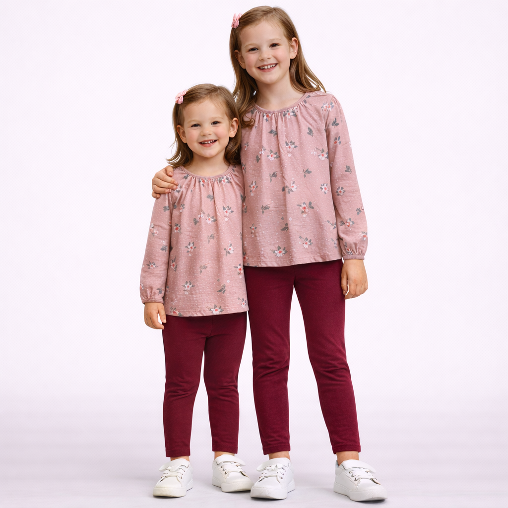 Conjunto Infantil Menina Manga Longa Legging Menina Flores Folhas Poa Rose Marsala