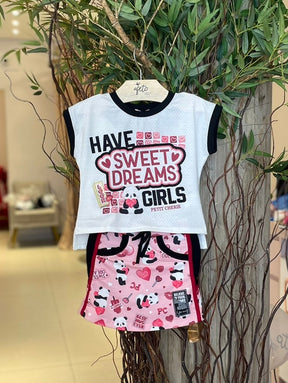 Conjunto manga curta Saia Petit Cherie menina Panda Lovers