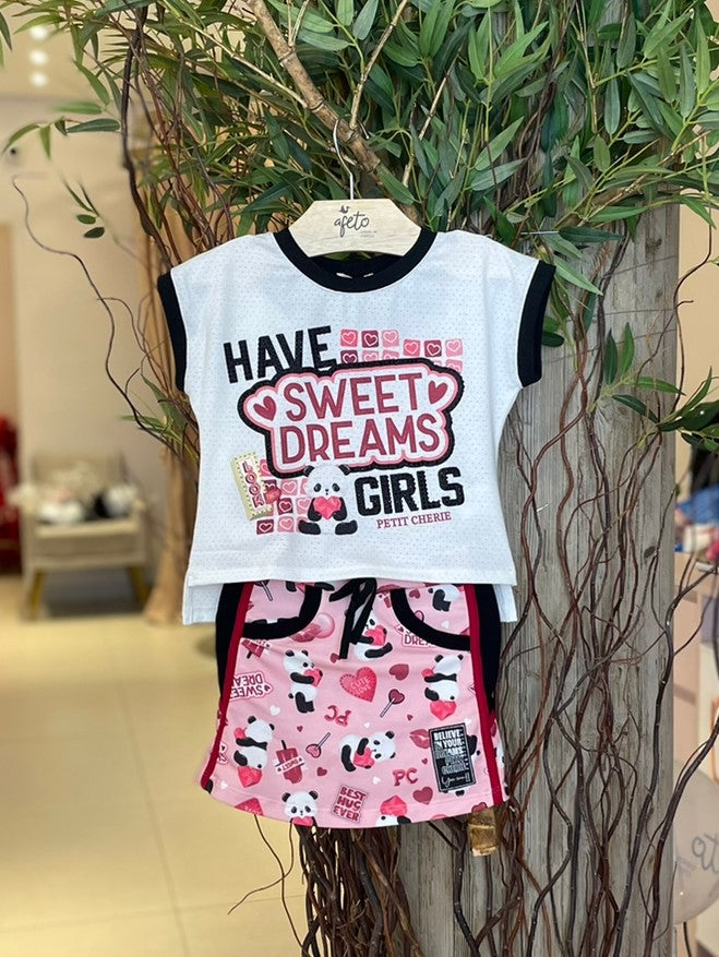 Conjunto manga curta Saia Petit Cherie menina Panda Lovers