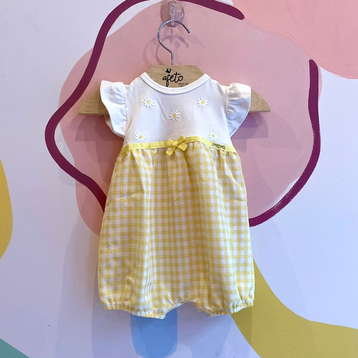 Macaquinho Manga Curta Bebê Momi menina Margaridas Xadrez
