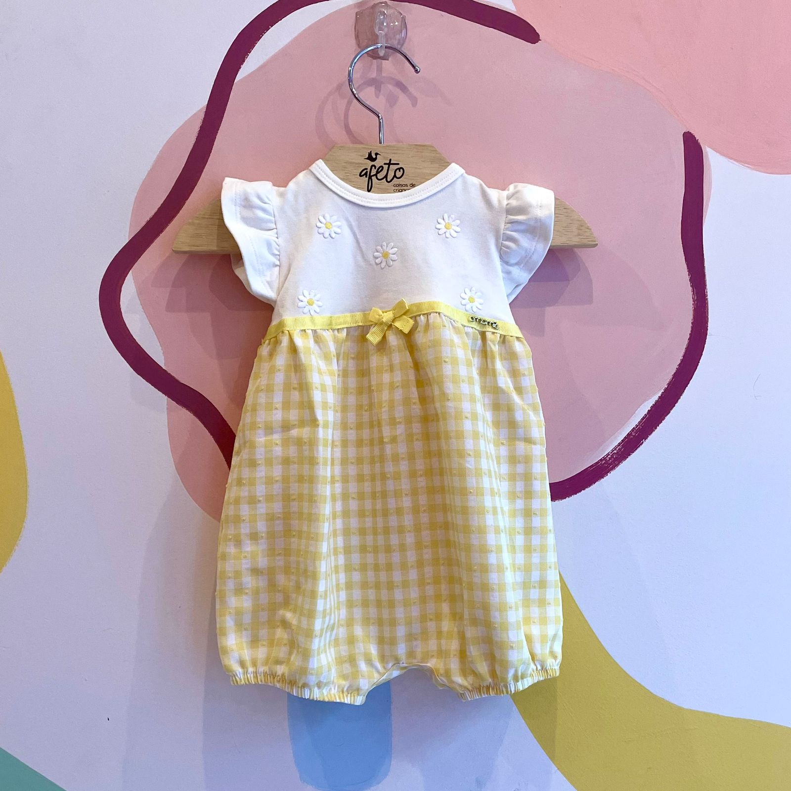 Macaquinho Manga Curta Bebê Momi menina Margaridas Xadrez