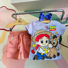 Conjunto Infantil Menina Blusa Manga Curta Branca e Shorts Rose Toy Story