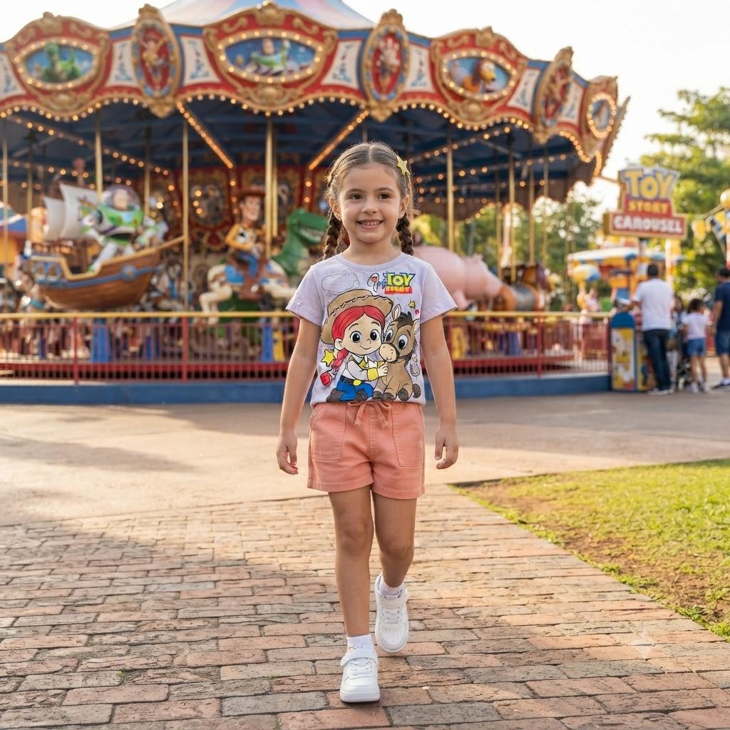 Conjunto Infantil Menina Blusa Manga Curta Branca e Shorts Rose Toy Story