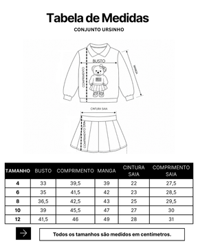 Conjunto Feminino Infantil Flanelado Ursa Gola Manga Longa Shorts Saia Menina Off Marinho Ursa