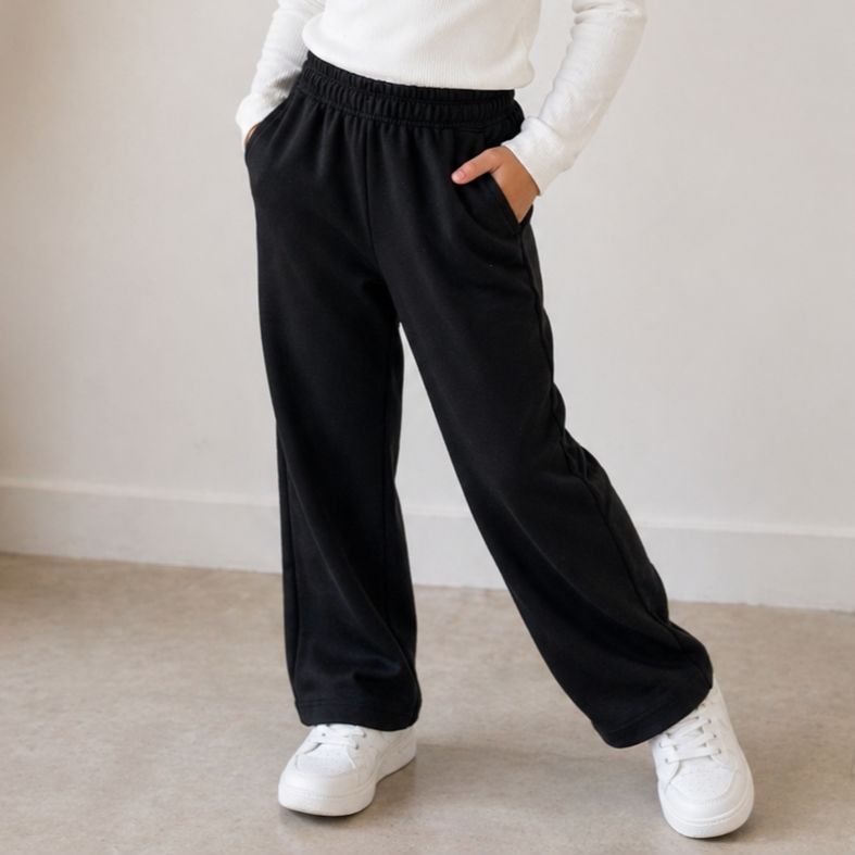 Calça Wide Feminina Infantil Moletinho Flanelada Menina Preta Bella
