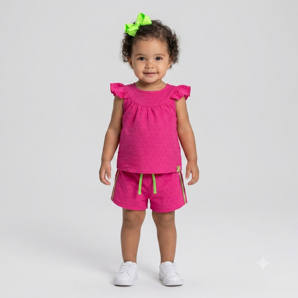 Conjunto Manga Curta Saia Malagah Infantil menina Liso Poa Relevo