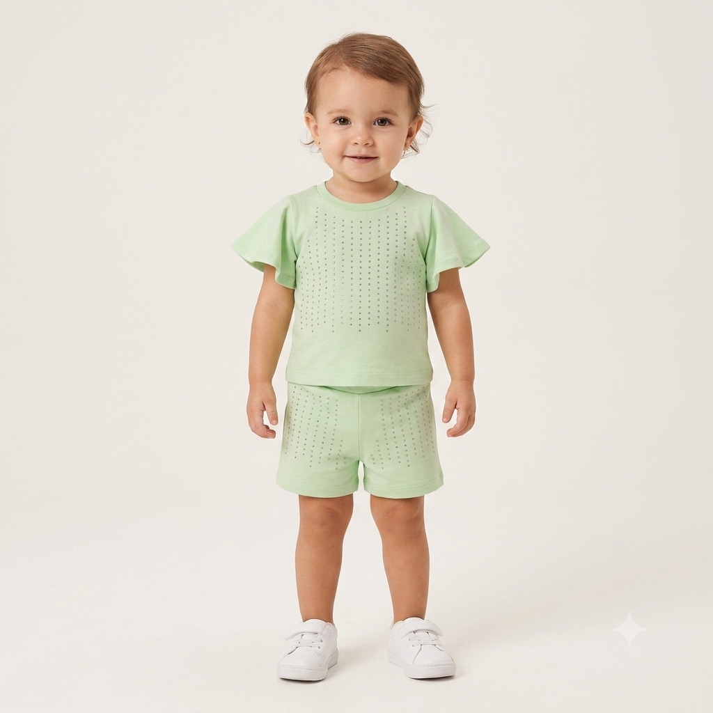 Conjunto Manga Curta Shorts menina Strass Manga Frufru Verde