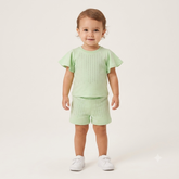 Conjunto Manga Curta Shorts menina Strass Manga Frufru Verde