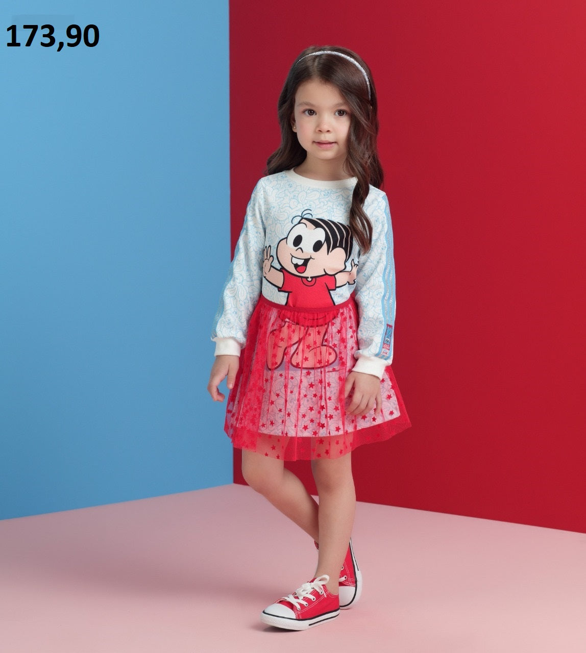 Vestido Manga Longa Mon Sucre menina Infantil Monica com Saia