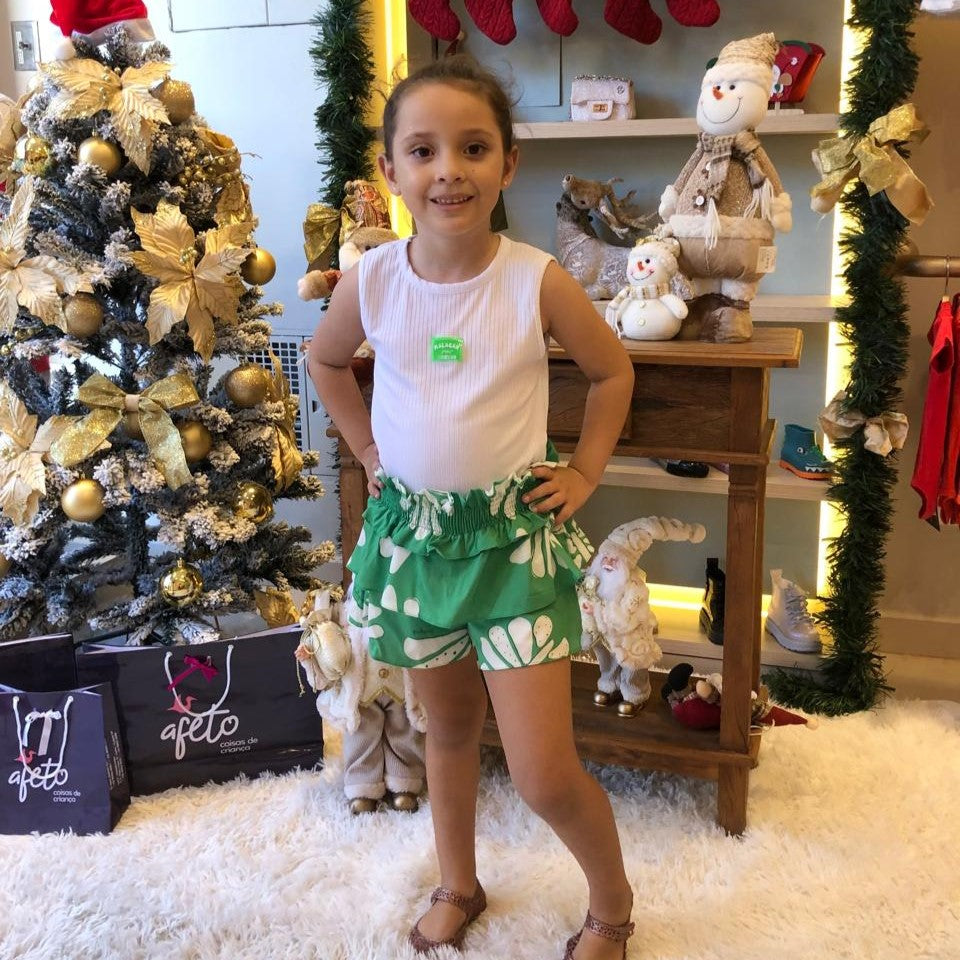 Conjunto regata shorts saia menina Canelado Babados Branco Verde