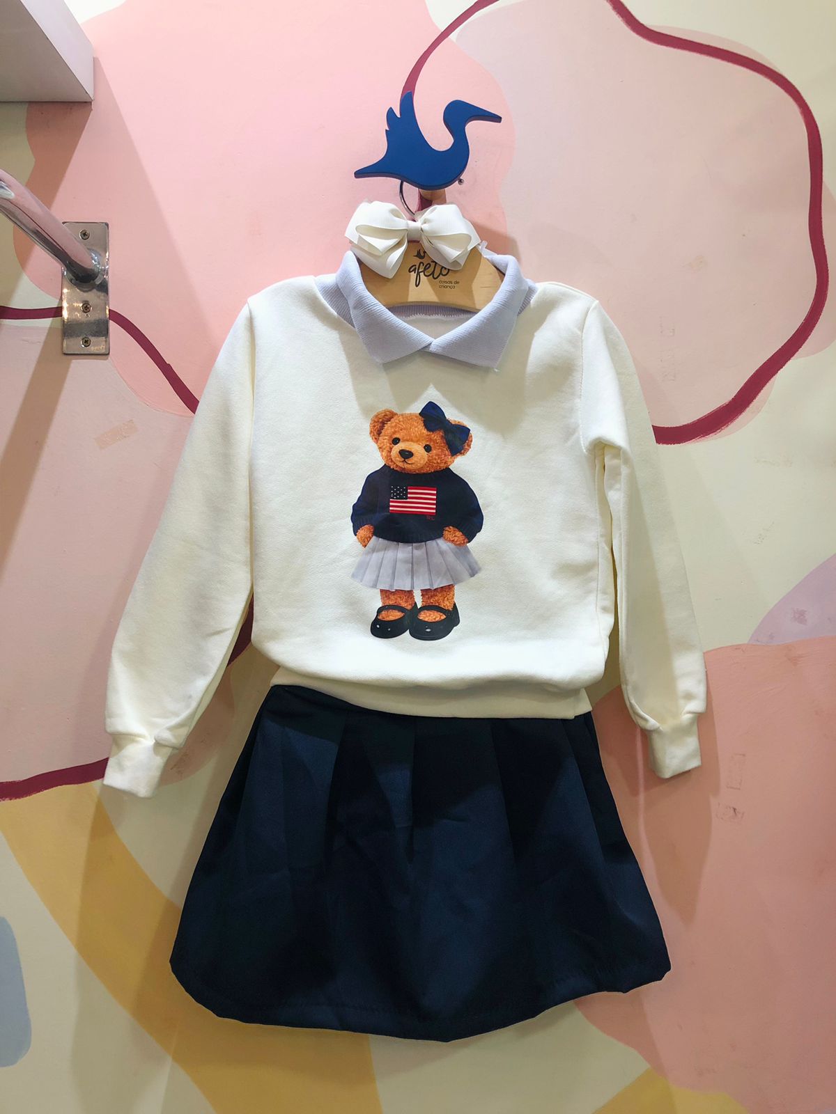 Conjunto Feminino Infantil Flanelado Ursa Gola Manga Longa Shorts Saia Menina Off Marinho Ursa