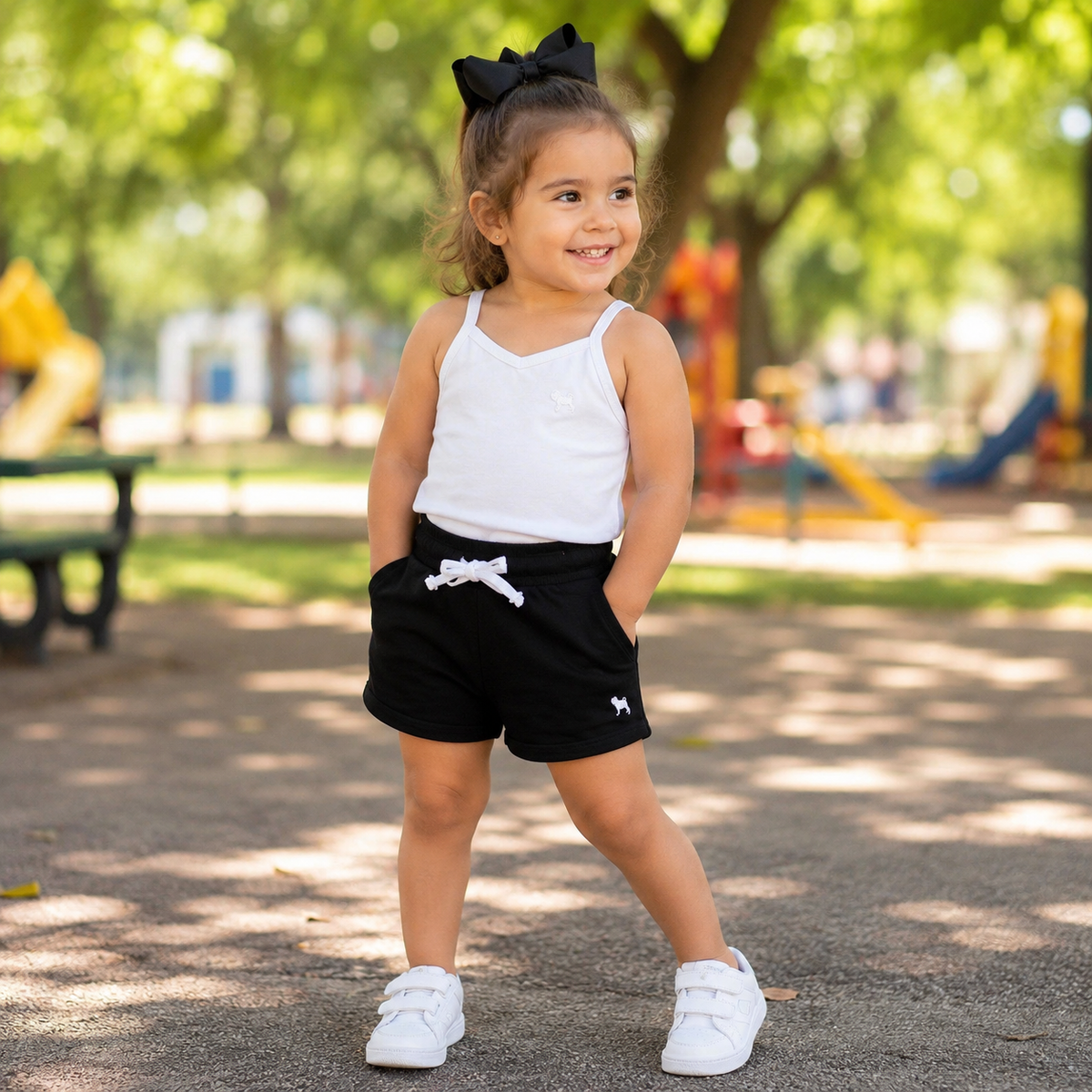 Conjunto Infantil Menina Regata Branca e Shorts Moletinho Preto Charpey