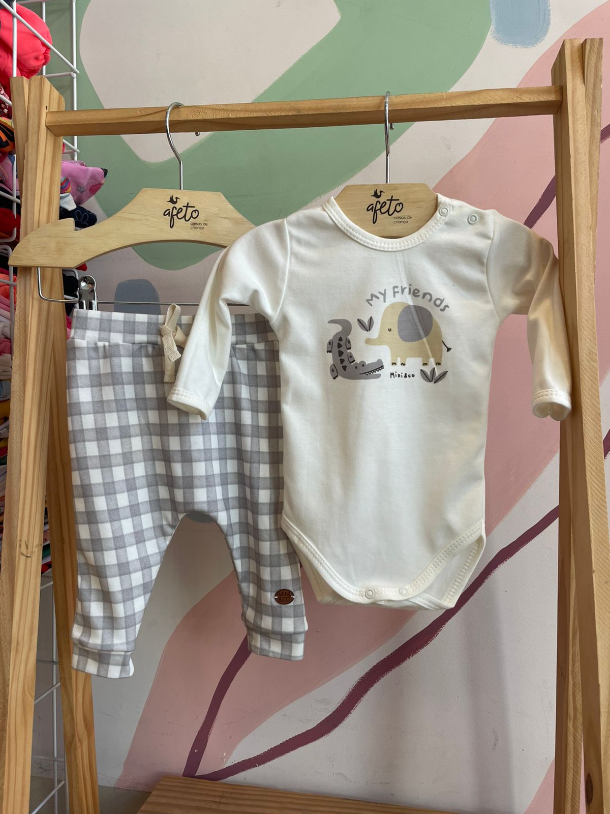 Conjunto manga longa Body Calça Mini & Co Unissex Jacare Elefante Xadrez
