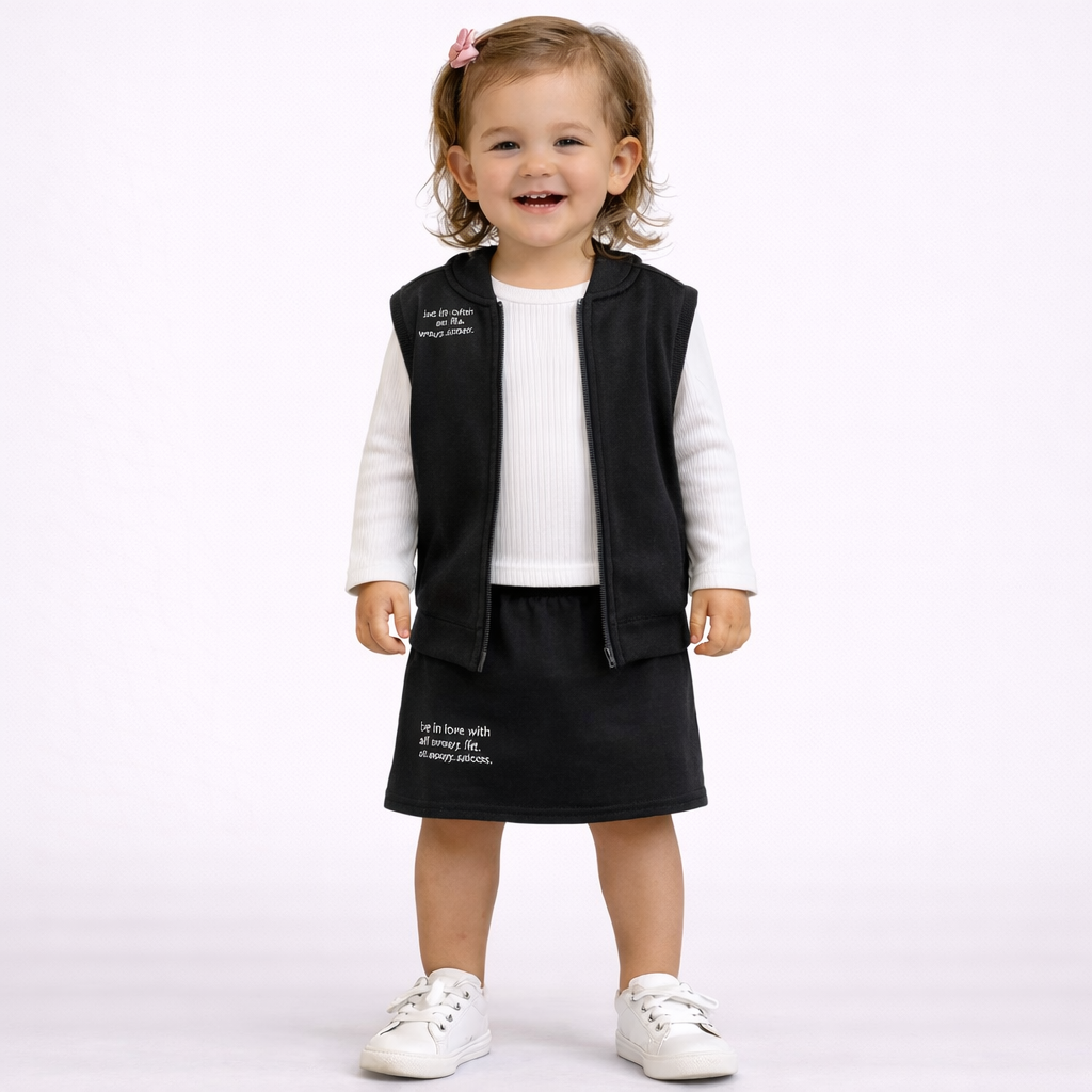 Conjunto Infantil Feminino Manga Longa Saia menina Com Colete Moletinho Menina 3 peças Branco Preto