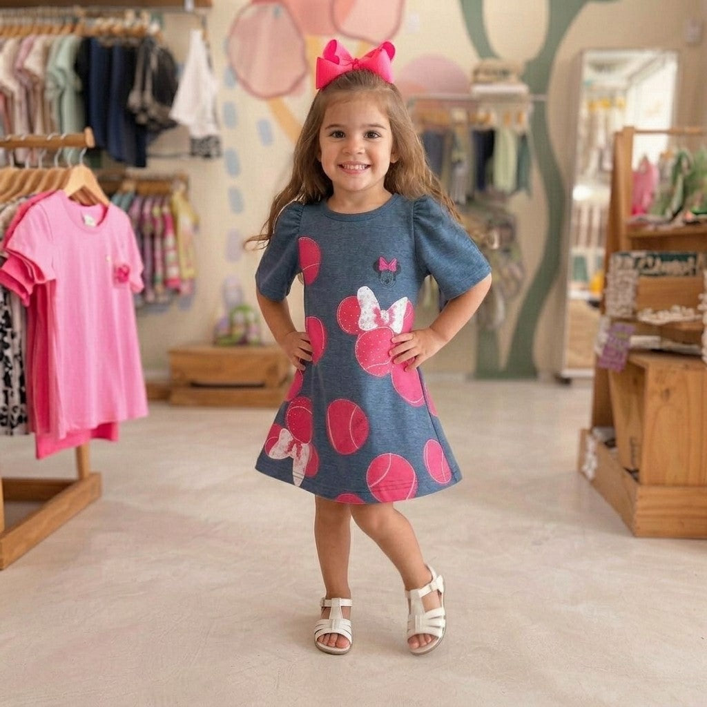 Vestido Infantil Menina Manga Frufru Minnie Tenista Azul Jeans