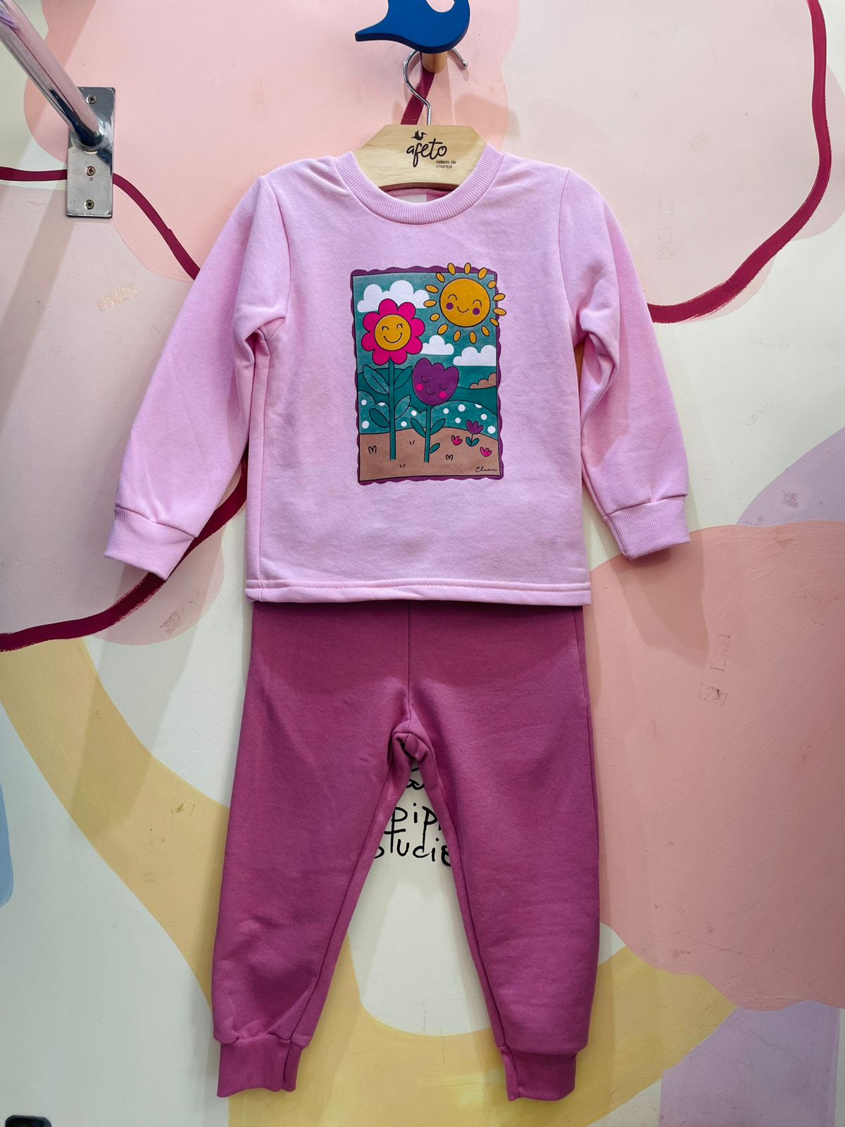 Conjunto Infantil Feminino Manga Longa Calça Flanelado Menina Sol Flores Rosa Rose