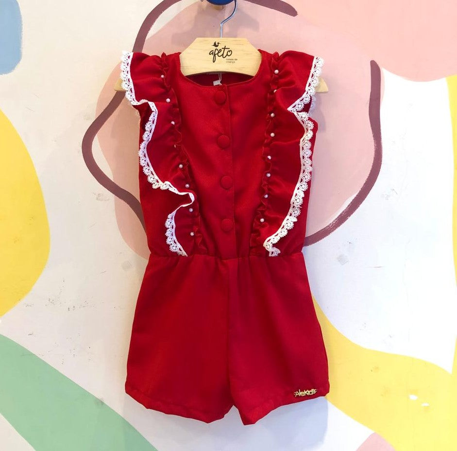 Macaquinho manga curta menina Ale Kids Babados Botoes Vermelho