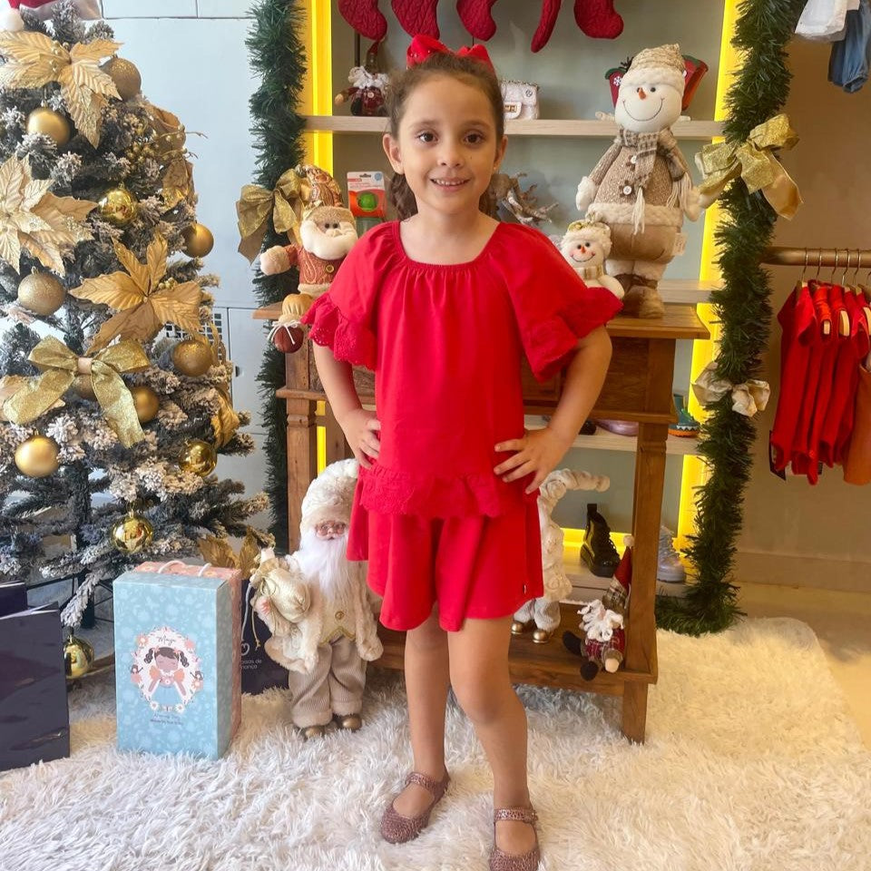 Conjunto manga curta shorts menina You+Me Liso Detalhes Lasie Vermelho