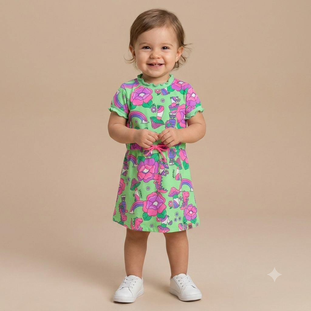 Vestido Manga Curta Momi menina Dino Neon