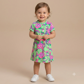 Vestido Manga Curta Momi menina Dino Neon