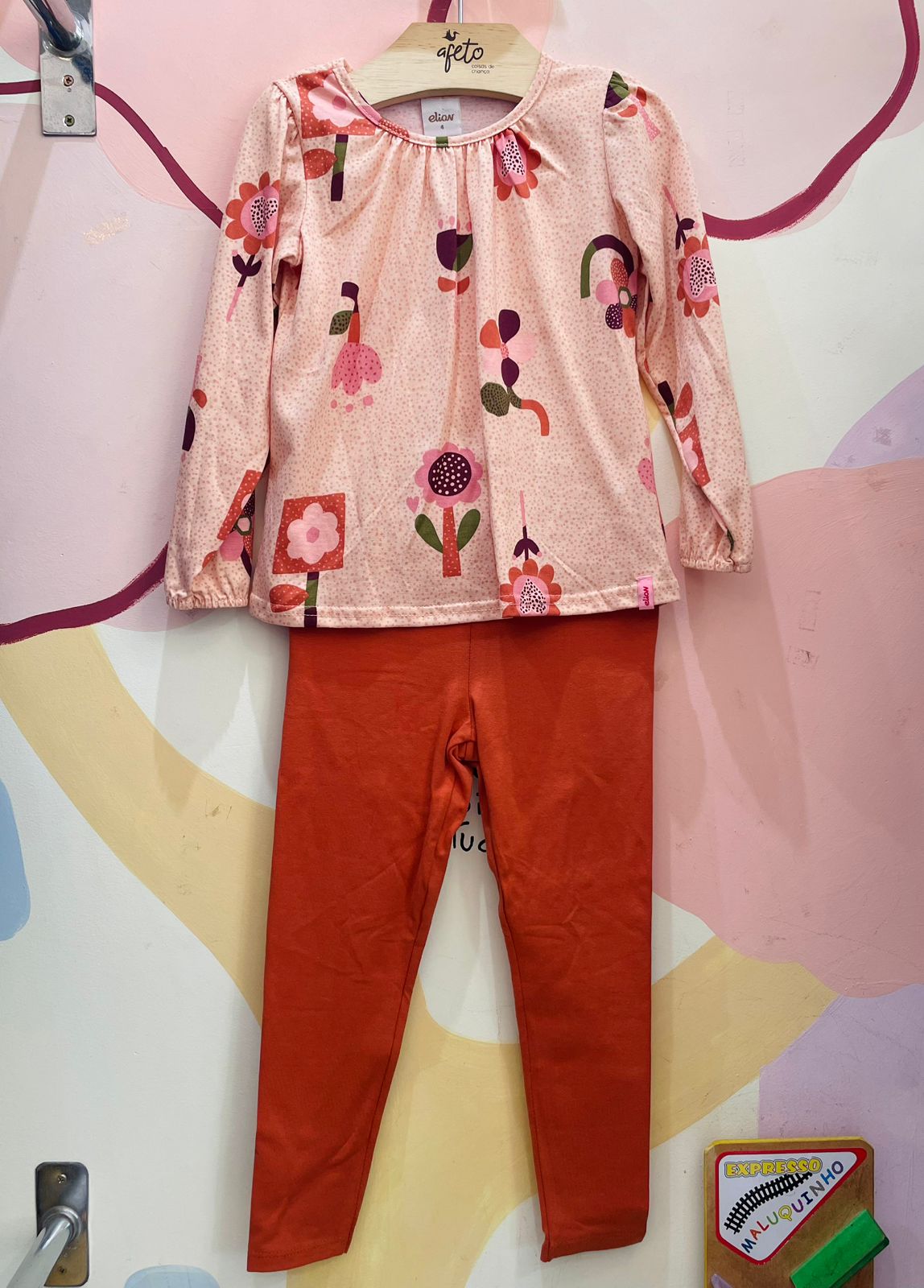 Conjunto Manga Longa Legging Menina Flores Poa