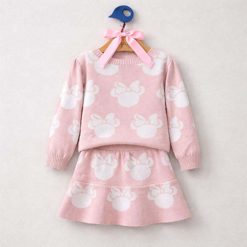 Conjunto Tricot Minnie Blusa Manga Longa Saia Rose