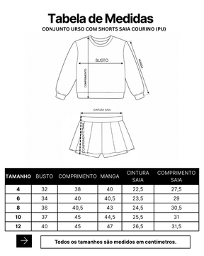 Conjunto Feminino Infantil Flanelado Ursa Colegial Manga Longa Shorts Saia Courino PU Menina Marinho Caramelo