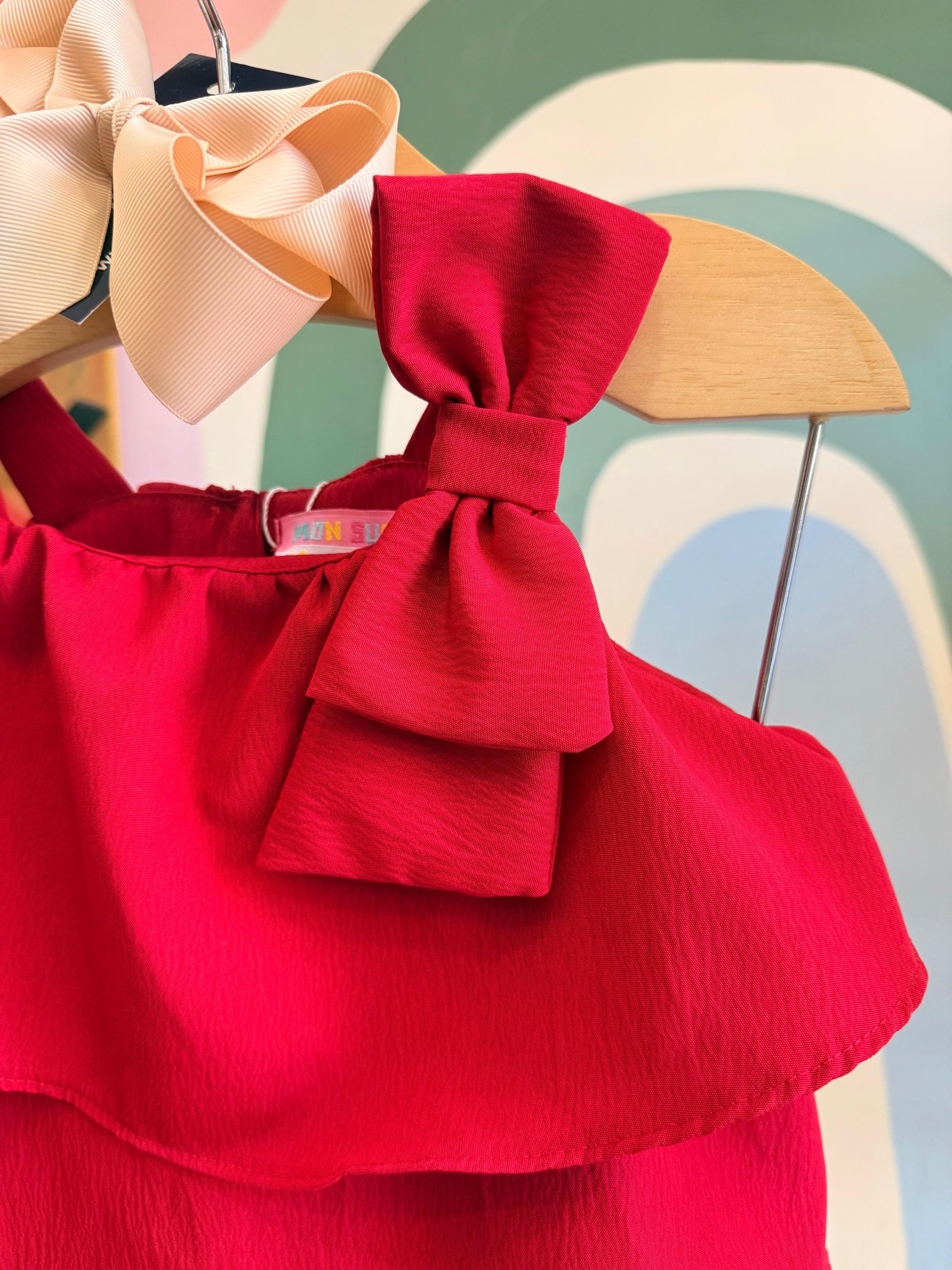 Conjunto Infantil Menina Blusa Regata Laço Babado e Shorts Vermelho Mon Sucre Olivia