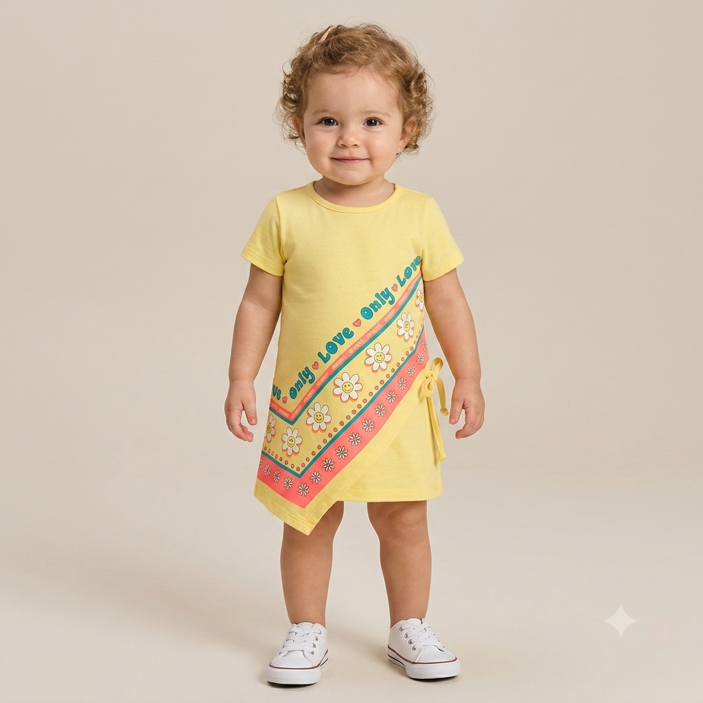 Vestido Manga Curta Momi Fem Margaridas Amarelo
