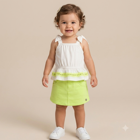 Conjunto Regata Shorts Saia Menina Momi Lacos Ombrinhos Branco