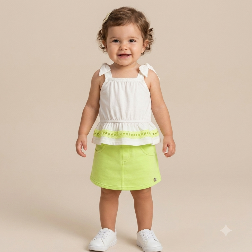 Conjunto Regata Shorts Saia Menina Momi Lacos Ombrinhos Branco
