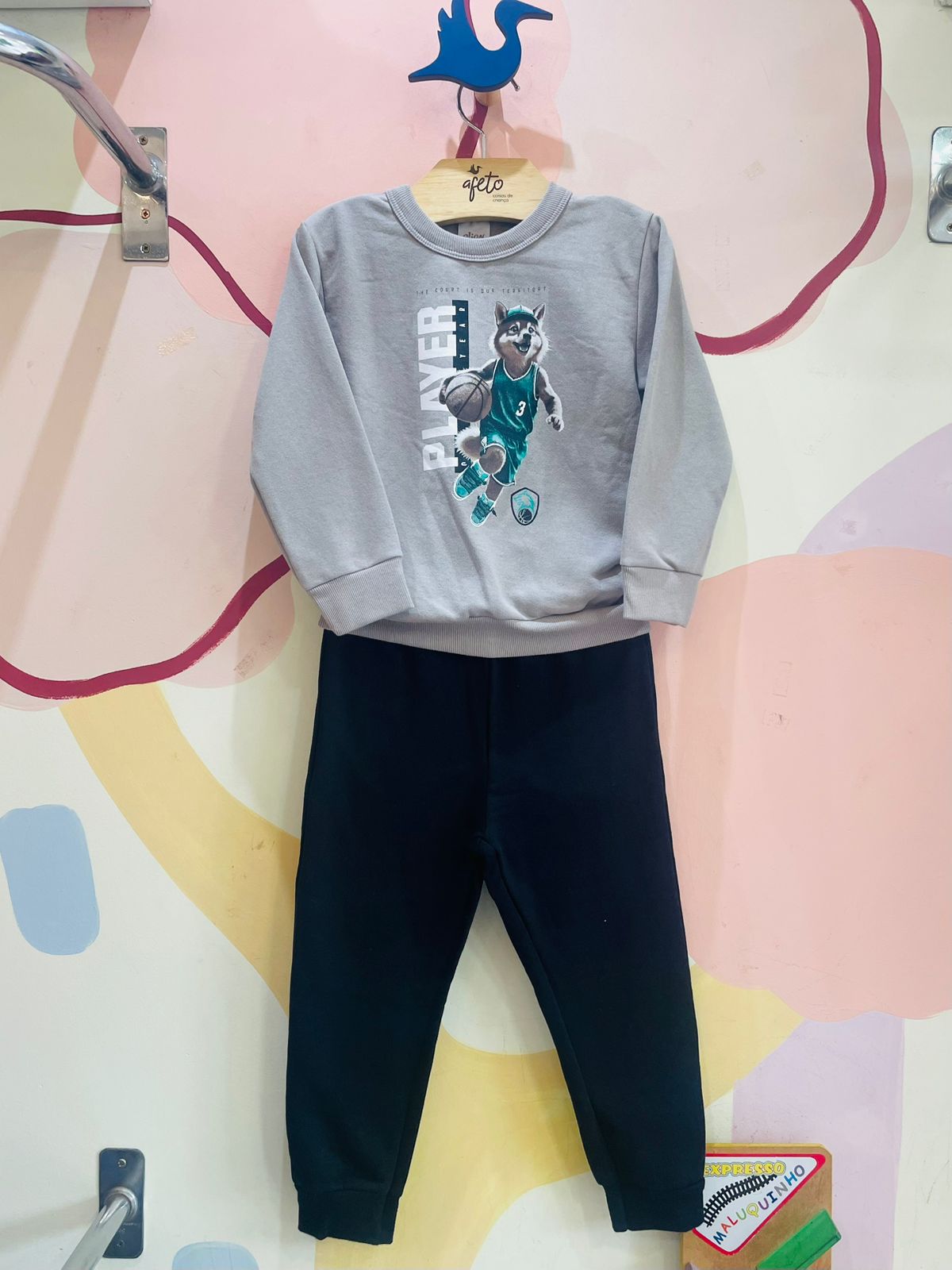 Conjunto Infantil Masculino Manga Longa Calça Flanelado Menino Guaxinim Basquete Cinza Preto