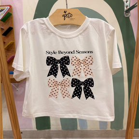 Blusa Infantil Feminina Manga Curta com Laço Poa Branca