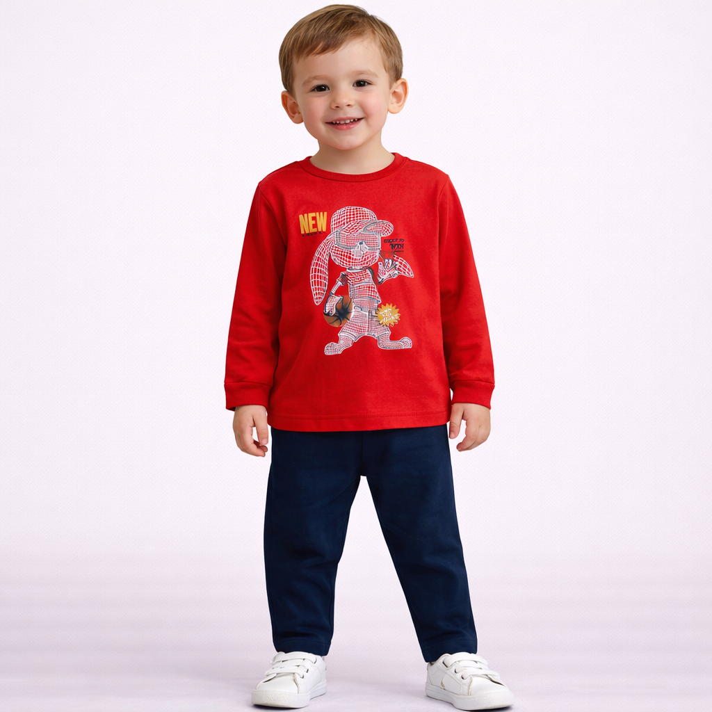 Conjunto Infantil Masculino Manga Longa Calça Moletinho Menino Coelho Basquete Vermelho Marinho