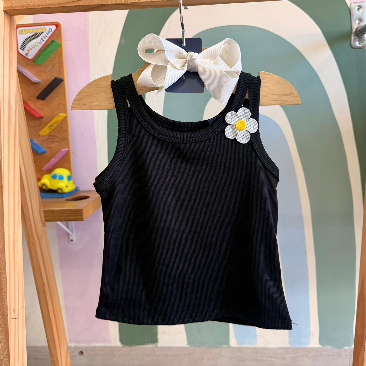 Blusa Infantil Menina Regata Flor Preto Bia