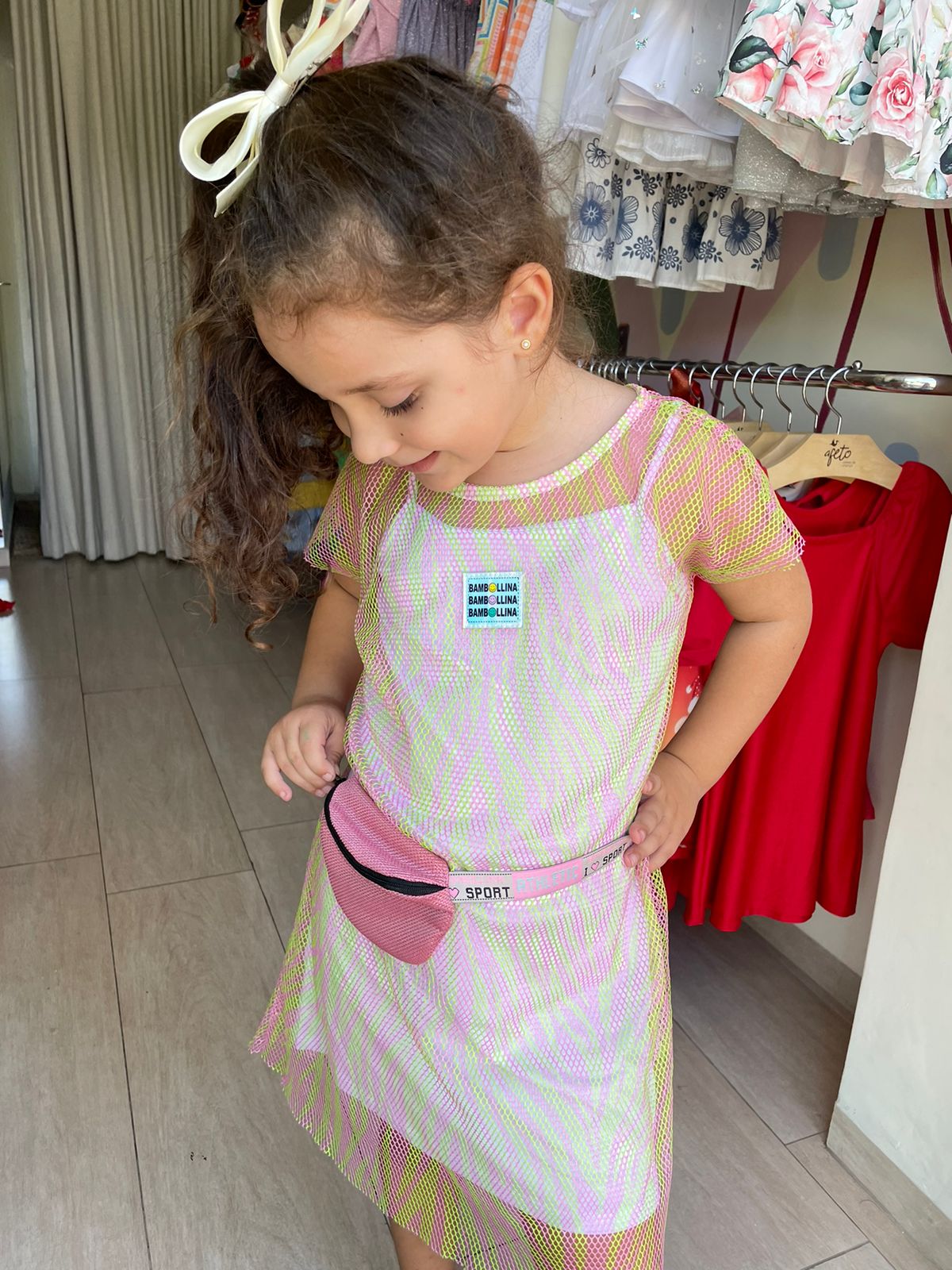 Vestido Manga Curta Bambolina Infantil menina Telinha com Pochete