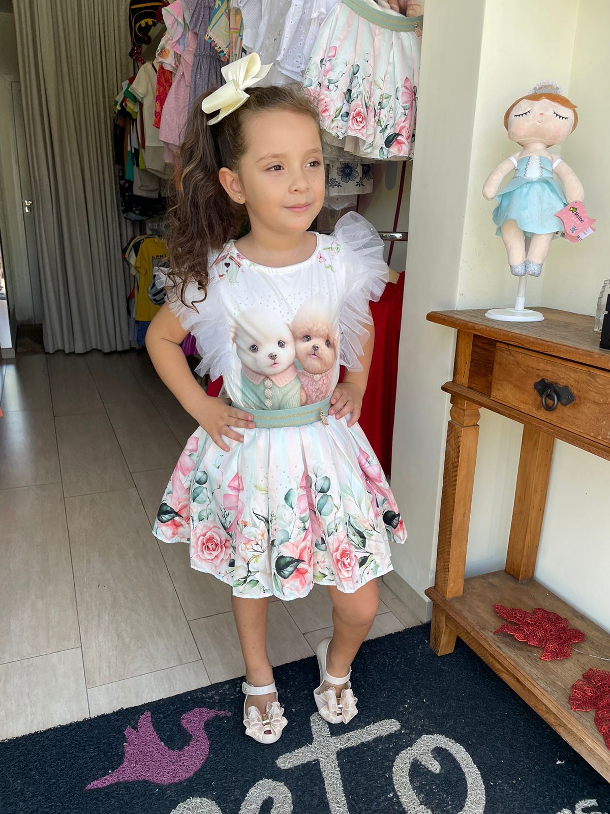 Conjunto Manga Curta Saia Yoyo Infantil menina Cachorrinhos Manga Tule