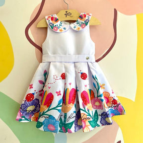 Vestido Festa Regata Malagah Infantil Menina Cetim Gola Flores