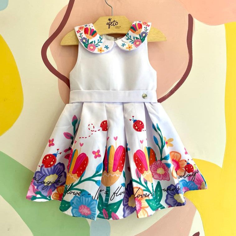 Vestido Festa Regata Malagah Infantil Menina Cetim Gola Flores