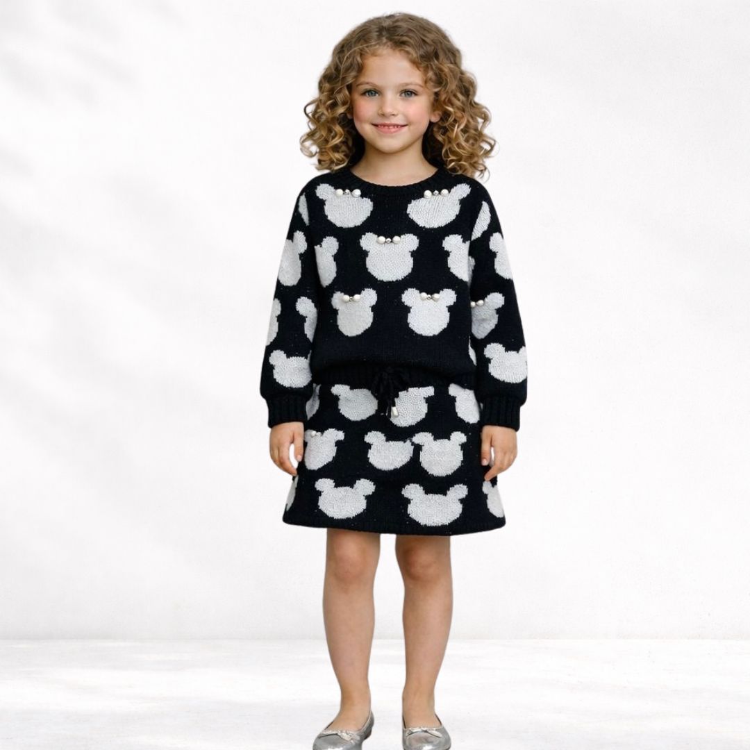 Conjunto Infantil Menina Tricot Minnie Blusa Manga Longa Saia Preto e Branco com Perola