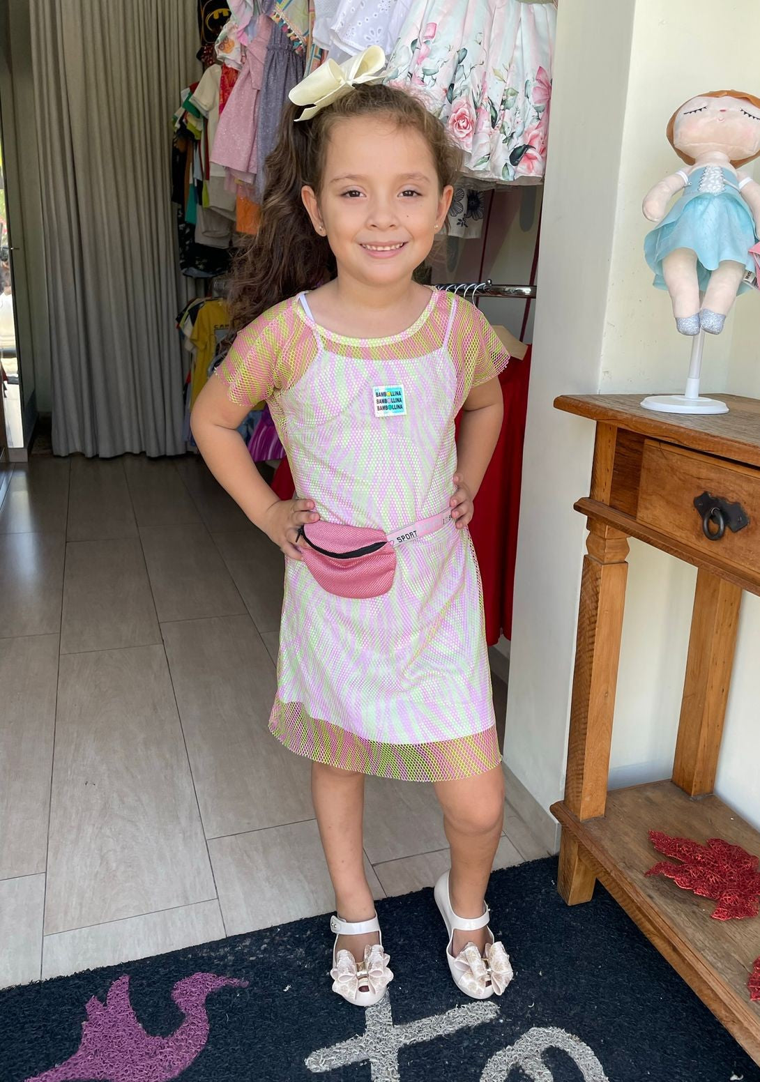 Vestido Manga Curta Bambolina Infantil menina Telinha com Pochete