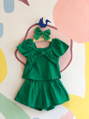 Conjunto Manga Curta Shorts Momi Menina Laço Verde