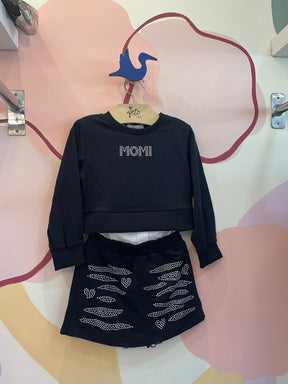 Conjunto manga longa Shorts Saia menina Momi Sobreposicao Strass Preto