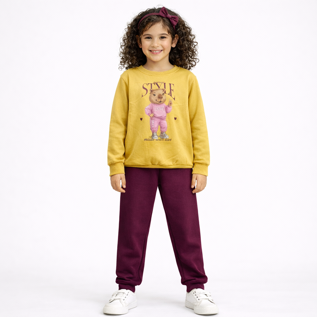 Conjunto Infantil Feminino Manga Longa Calça Flanelado Menina Capivara Caramelo Marsala