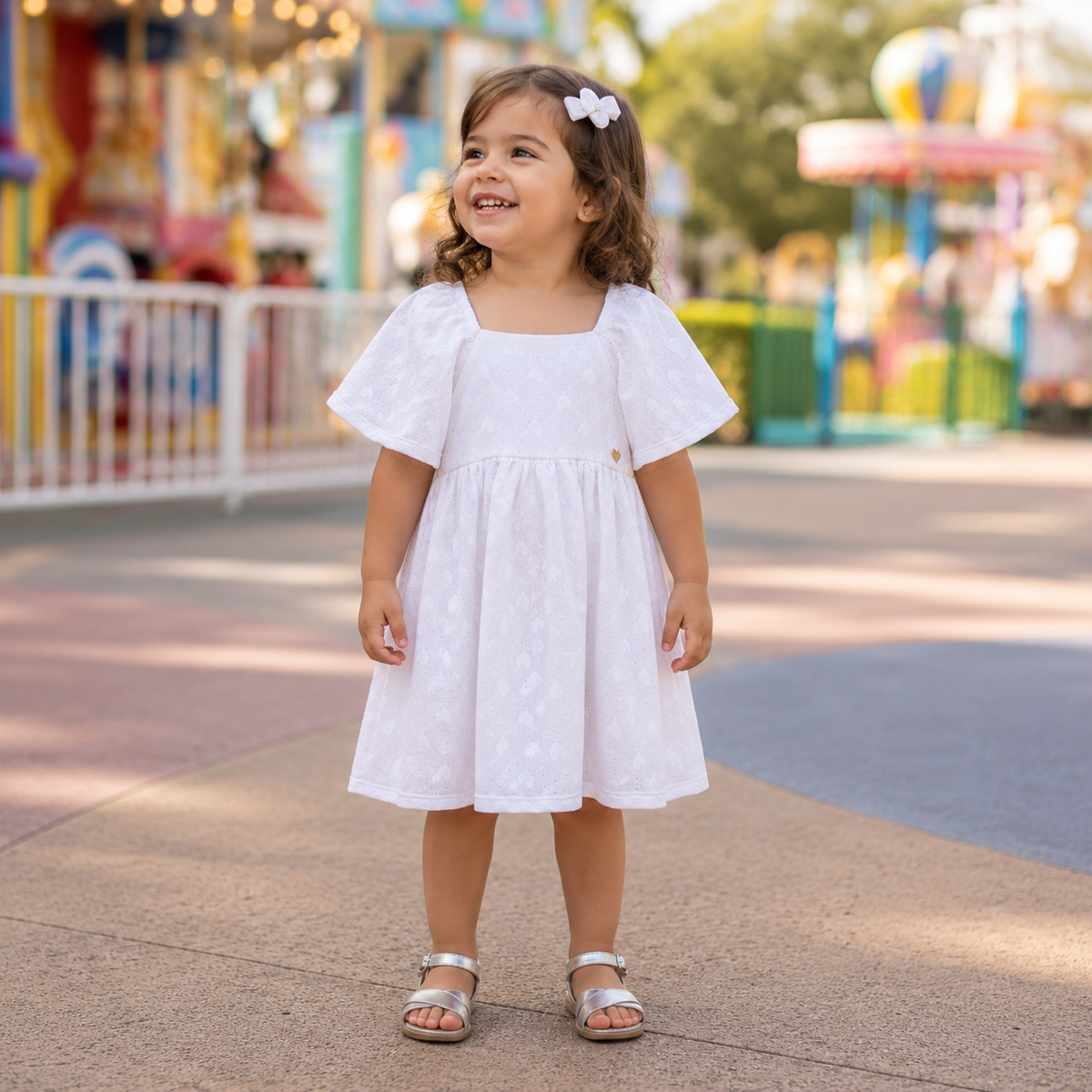 Vestido Manga Curta Menina You+Me Coracoes Branco