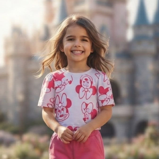 Blusa Infantil Menina Manga Curta Frufru Minnie Face Disney Branco Pink