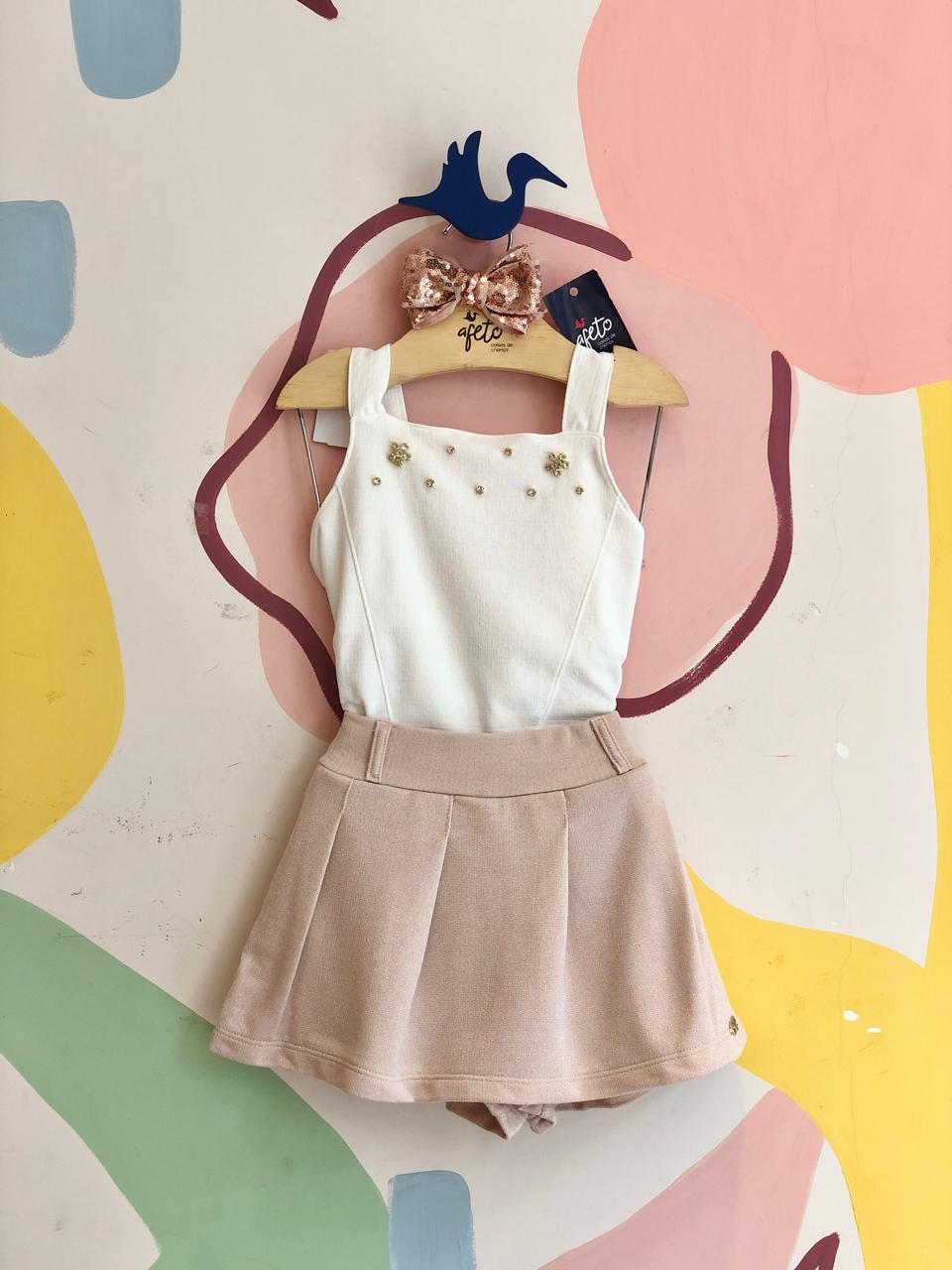 Conjunto Regata Shorts Saia Menina Anjo Lurex Strass