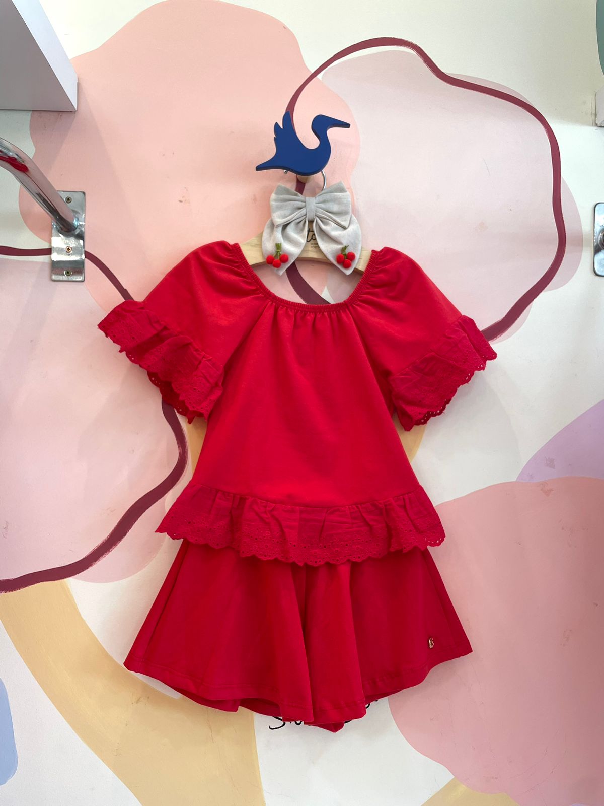 Conjunto manga curta shorts menina You+Me Liso Detalhes Lasie Vermelho